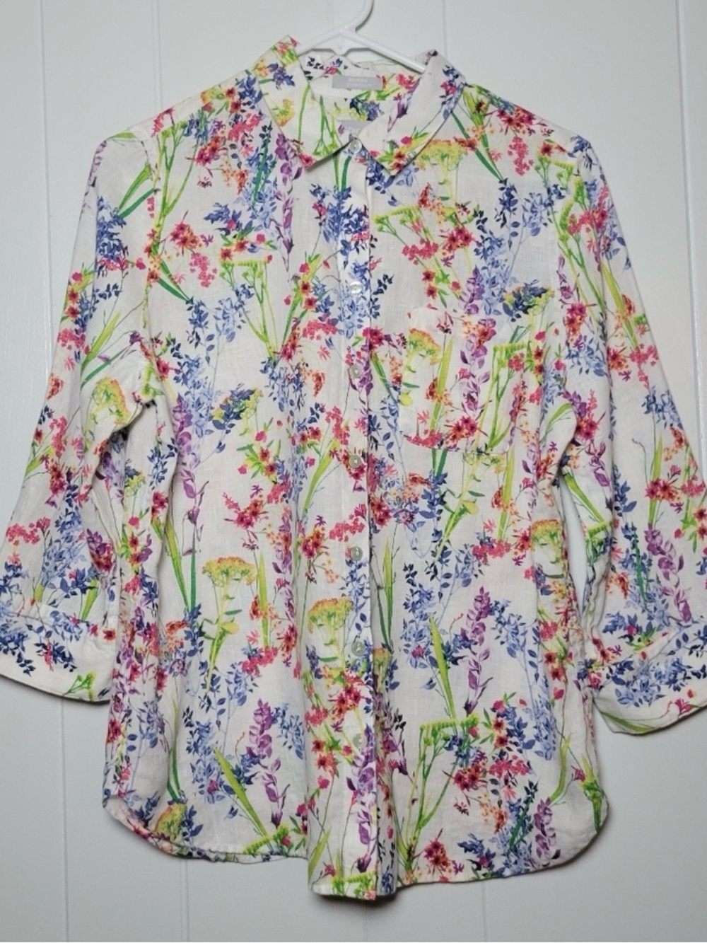 Chico’s Floral Linen Button-Up Women's Top - White Multi floral size 1/M